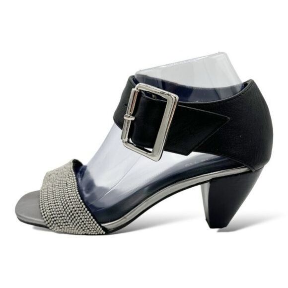 All Black Brand Women’s Black Leather Chunky Ankle Strap Sandal Slvr Micro Studs - Picture 2 of 11